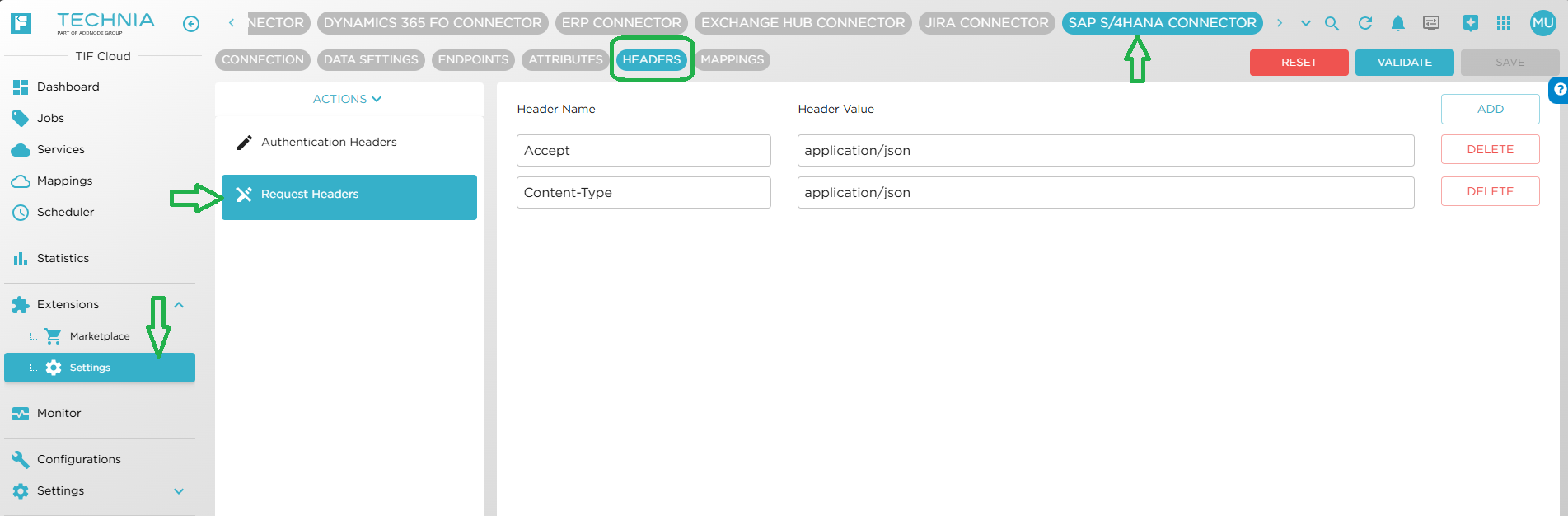 SAP S4HANA Extension Settings RequestHeaders